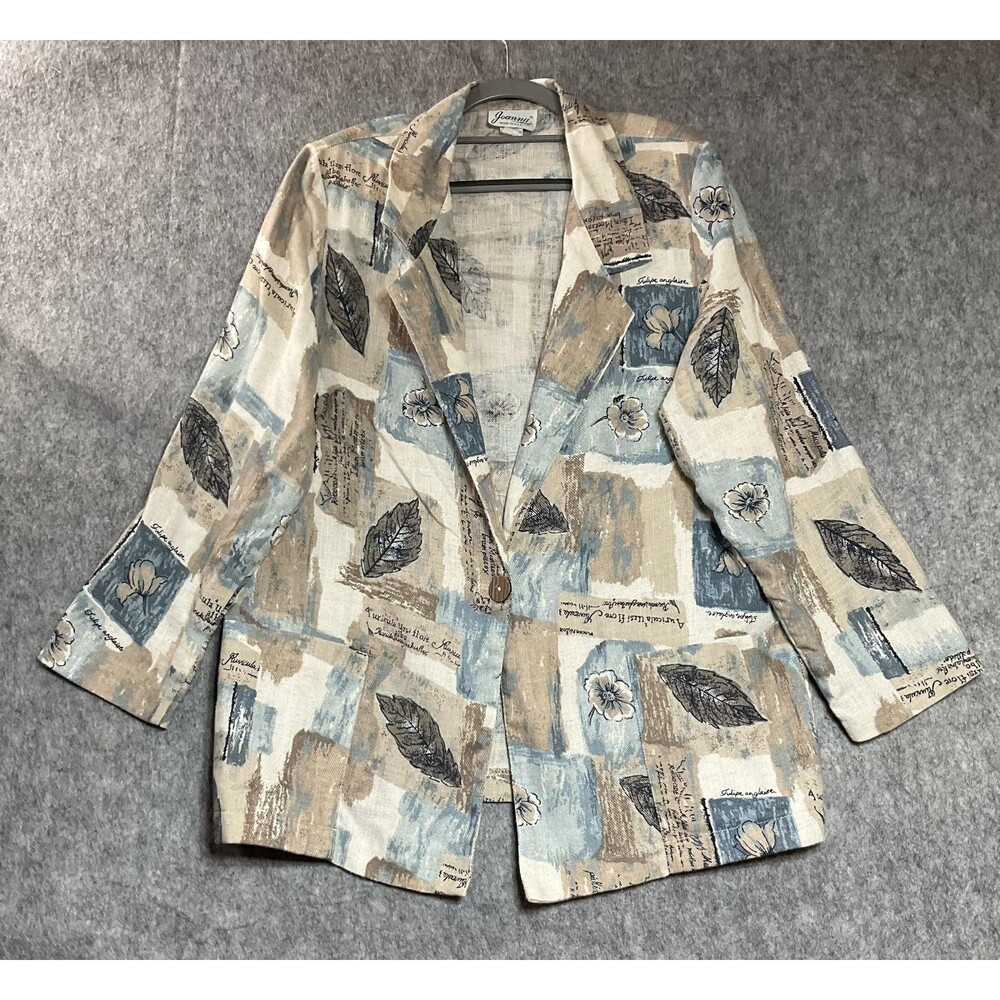 Vintage Blazer Womens Large Beige Blue Linen Blend Floral Leaf Print Pockets USA